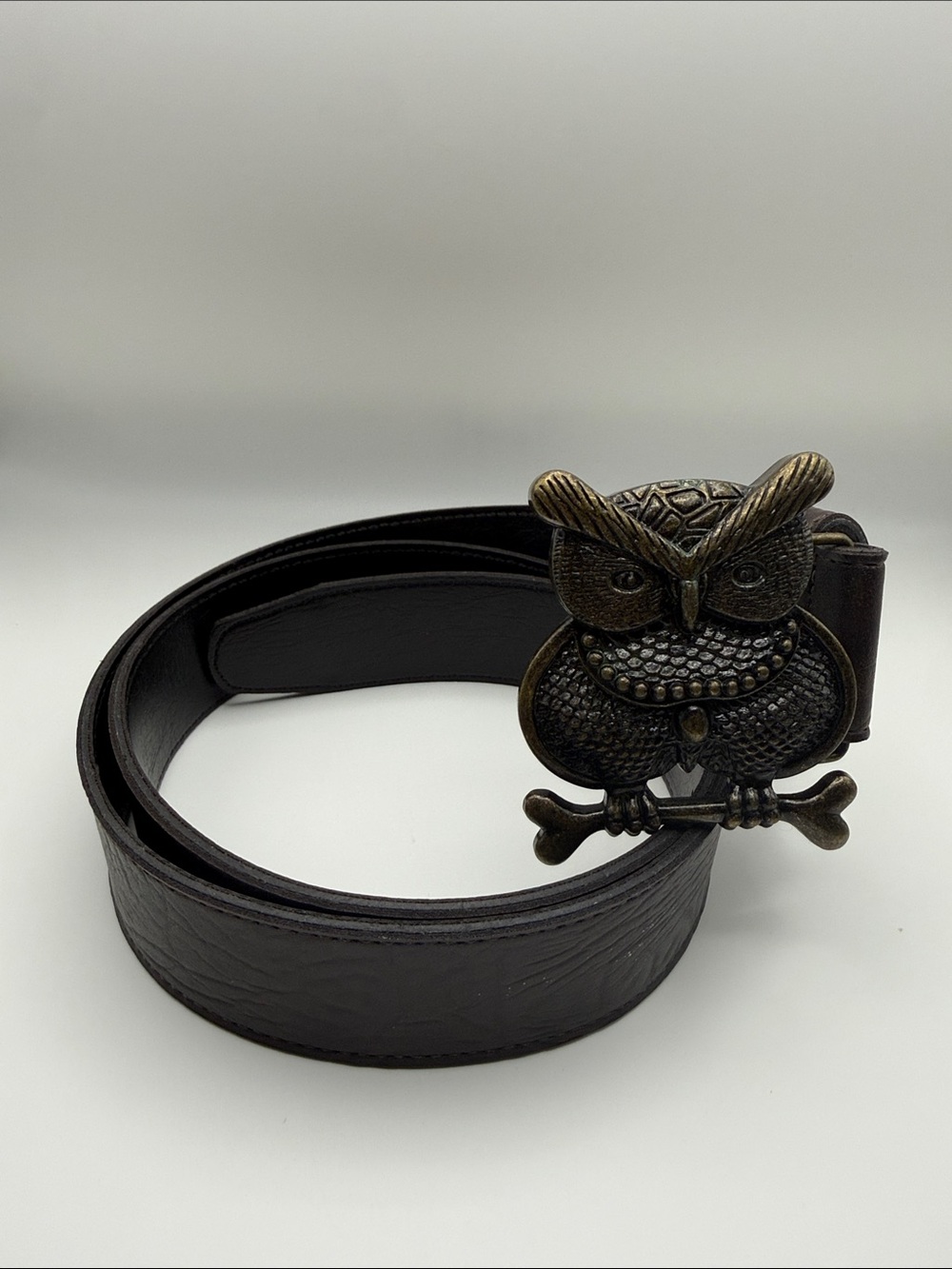 No Boundaries Brown Leather Belt with Antique Style Owl Buckle, made in the USA